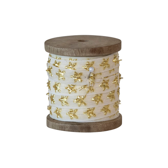 Fabric Ribbon on Wood Spool w/ Metallic Stars