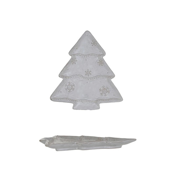 Stoneware Christmas Tree Shaped Plate with Snowflakes