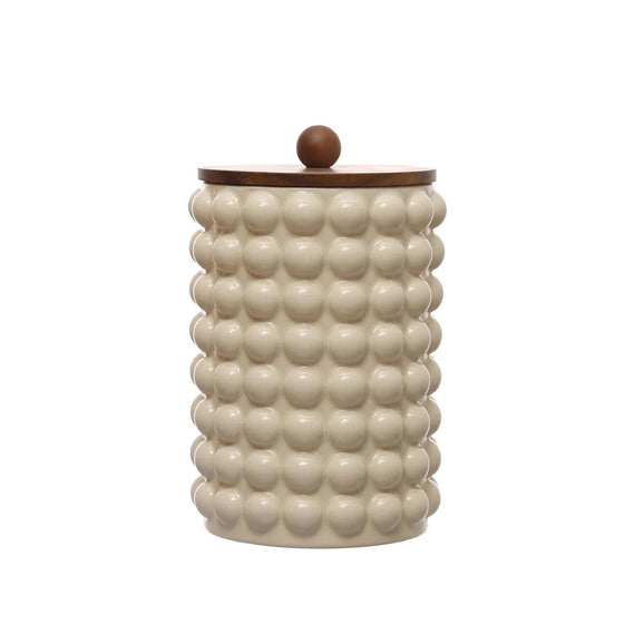 Stoneware Canister w/Raised Dots & Wood Lid