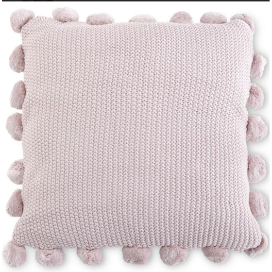Pink Moss Stitch Knit Pillow w/Pompom Trim