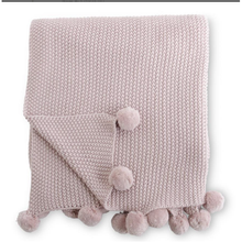  Pink Moss Stitch Knit Throw Blanket w/Pompom