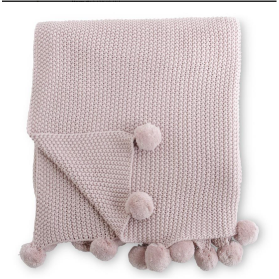 Pink Moss Stitch Knit Throw Blanket w/Pompom