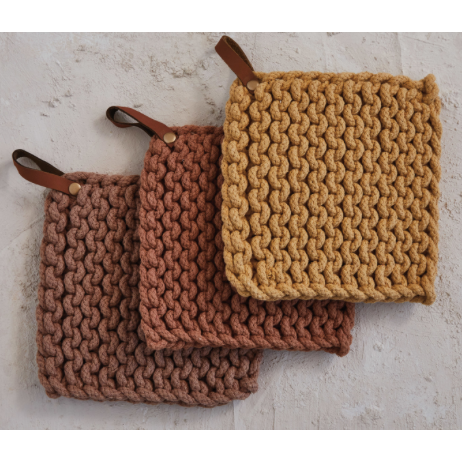 Cotton Crocheted Pot Holder, Leather Handle