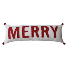  Woven Cotton Lumbar Pillow w/ Appliqued "Merry" & Pom Poms