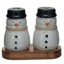  Holiday Stoneware Salt & Pepper Shakers on wood tray