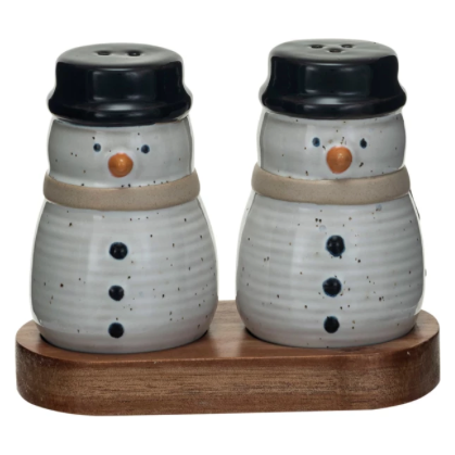 Holiday Stoneware Salt & Pepper Shakers on wood tray