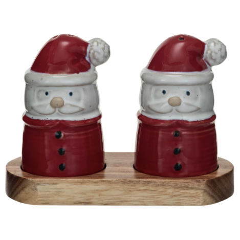 Holiday Stoneware Salt & Pepper Shakers on wood tray
