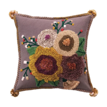  Tufted Floral Pillow w/ Pom Poms