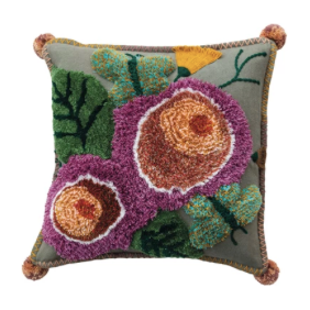 Tufted Floral Pillow w/ Pom Poms