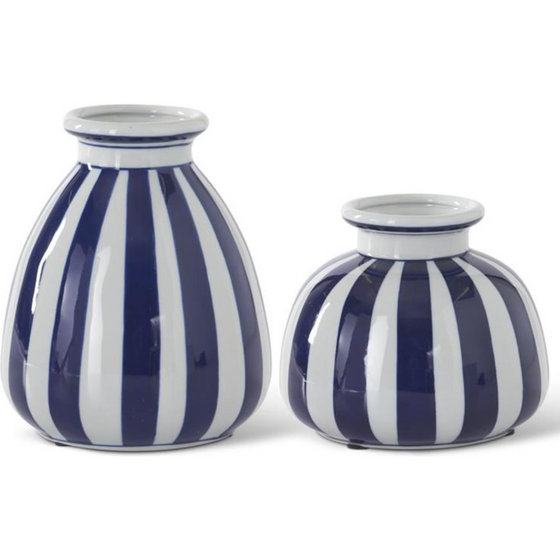 Blue & White Vertical Striped Porcelain Vase