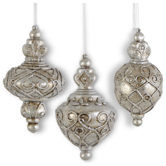 Assorted 5 Inch Glittered Metallic Pewter Ornament