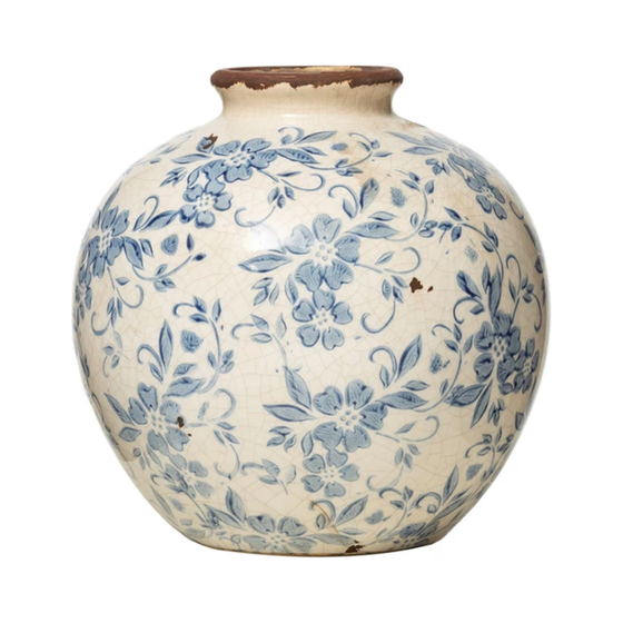 Terracotta Vase with Transferware Pattern