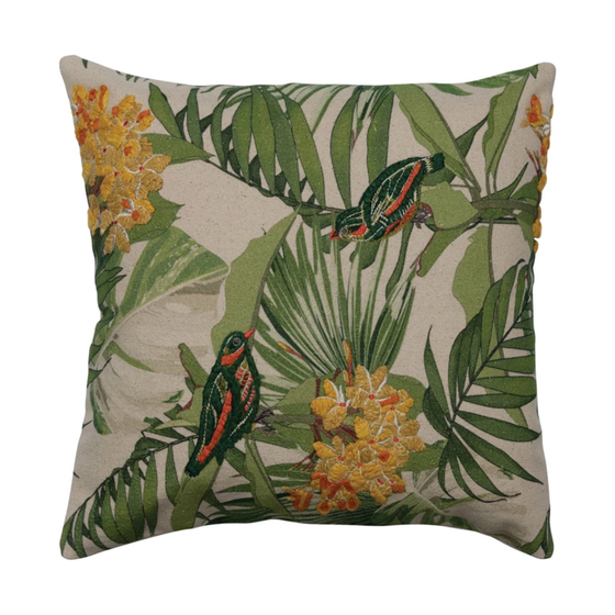 Cotton Printed Pillow w/ Embroidered Birds