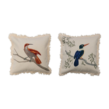  Cotton Printed Pillow w/ Bird on Branch, Embroidery & Fring