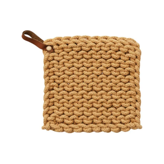 Cotton Crocheted Pot Holder, Leather Handle