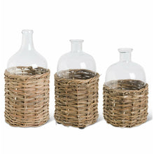  Clear Glass Bottles in Woven Rattan Basket