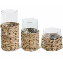  Clear Glass Cylinders in Woven Rattan Basket