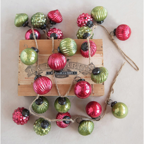 Red and Green Mercury Glass Ball Ornament Garland